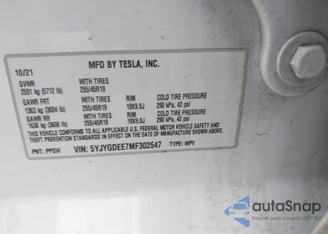 2021 Tesla Model Y Long Range Dual Motor All-Wheel Drive z USA, uszkodzony, nr VIN 5YJYGDEE7MF302547